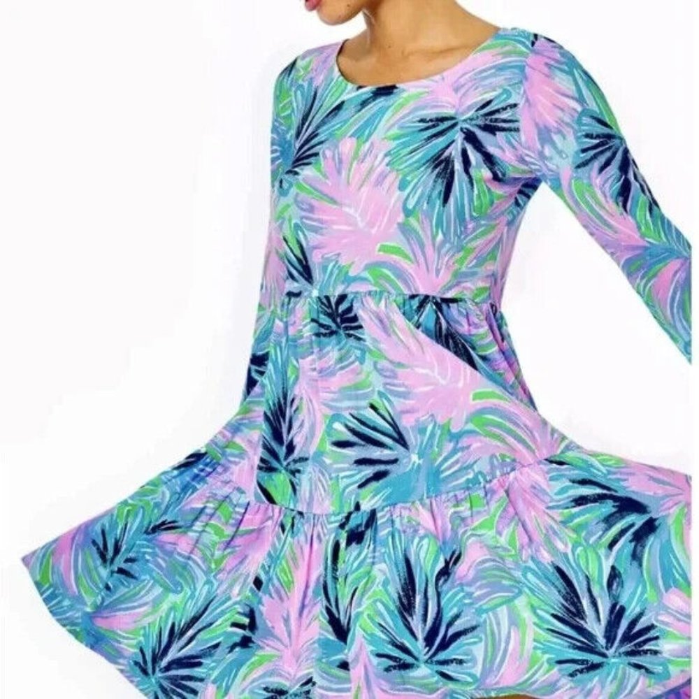 LILLY Pulitzer Geanna Swing Dress LARGE Print Jersey Tiered